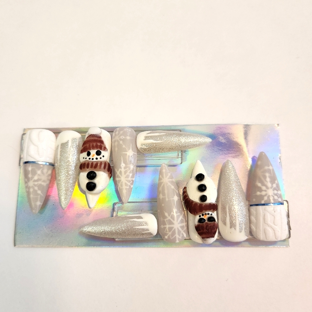 FantaSea Fingers 3D Snowman Winter Medium Stiletto Nails Size Large